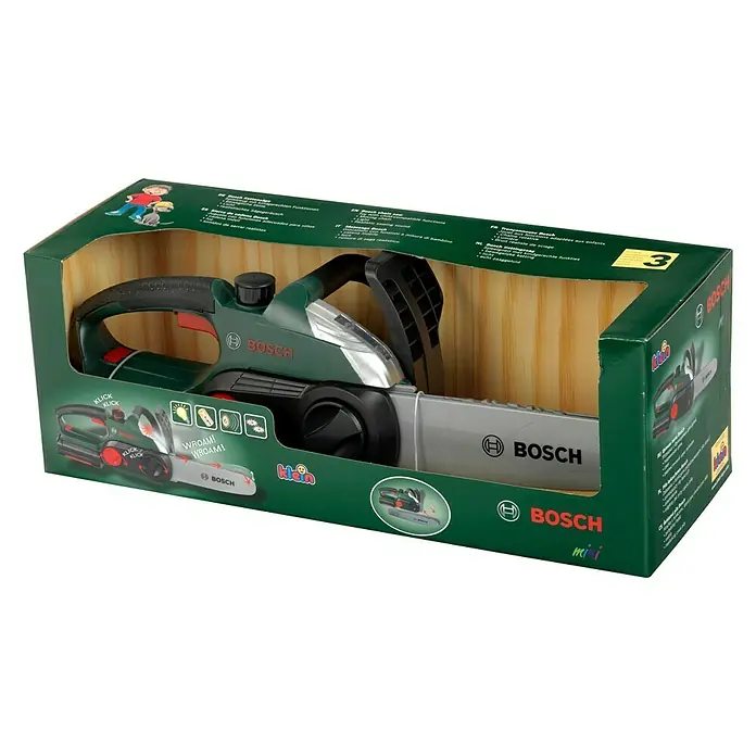 Klein Kinder-Kettensäge Bosch - Licht- & Toneffekte, 39,5 cm - Spielzeug-Kettensäge von Bosch in einer grünen Verpackung mit Abbildungen und Text.