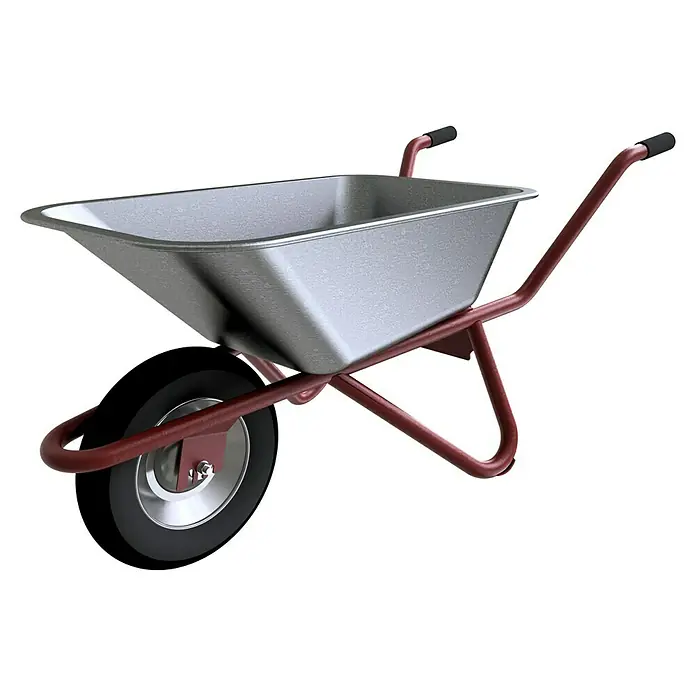 Schake Bauschubkarre Geselle - 85 l, Stahl - Abbildung einer Schubkarre mit grauer Wanne, rotem Gestell und einem Rad, die für Gartenarbeiten und den Transport von Materialien konzipiert ist.