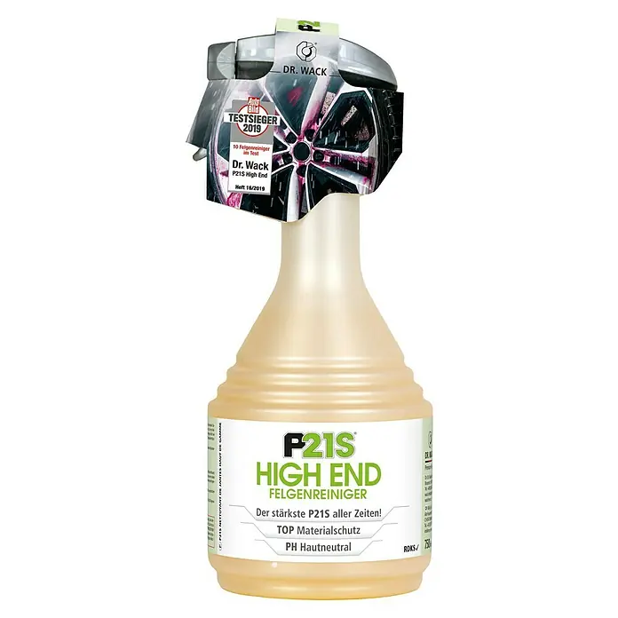 Felgenreiniger P21S High-End - 750 ml - Produktbild des P21S High End Felgenreinigers von Dr. Wack, ausgezeichnet als Testsieger 2019, mit Hinweisen zu Materialschutz und Hautneutralität.