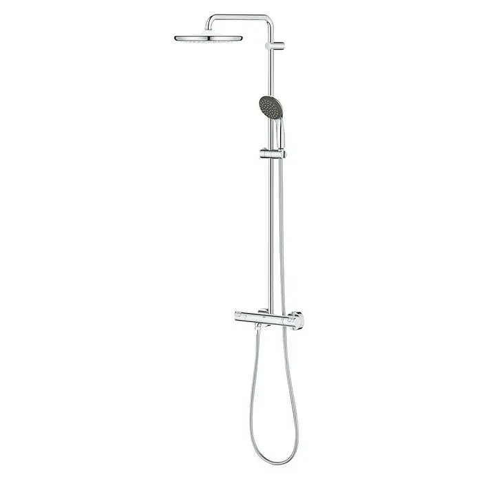 Grohe Vitalio Start Duschsystem 250 - Mit Thermostatarmatur, Lochabstand: 101,6 cm, Anzahl Strahlarten: 2 Stk., Chrom - Bild einer modernen Duschgarnitur mit Kopf- und Handbrause in Chrom.