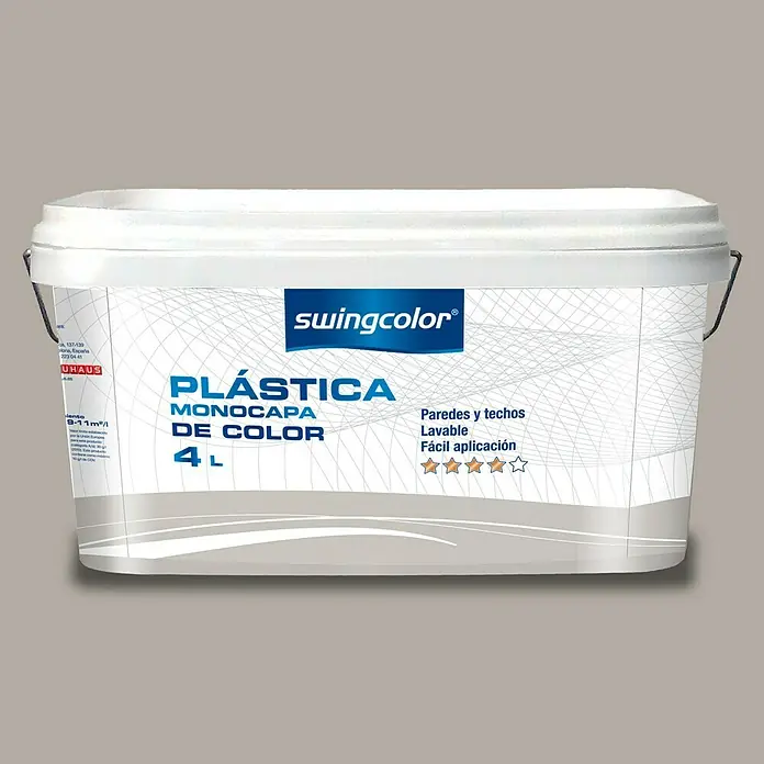 swingcolor Pintura para paredes - Gris medio, Mate, 4 l - Imagen de un cubo blanco de 4L de pintura Swingcolor Plástica Monocapa, apta para paredes y techos, lavable y de fácil aplicación.