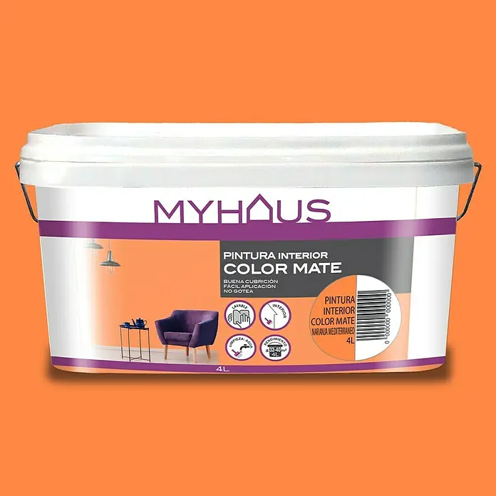 Pintura para paredes Myhaus - Naranja Mediterráneo, Mate, 4 l, Resalta la estructura - Bote de pintura interior MyHous Color Mate, naranja mediterráneo, 4L. Ideal para interiores, buena cobertura, fácil aplicación, antigoteo.