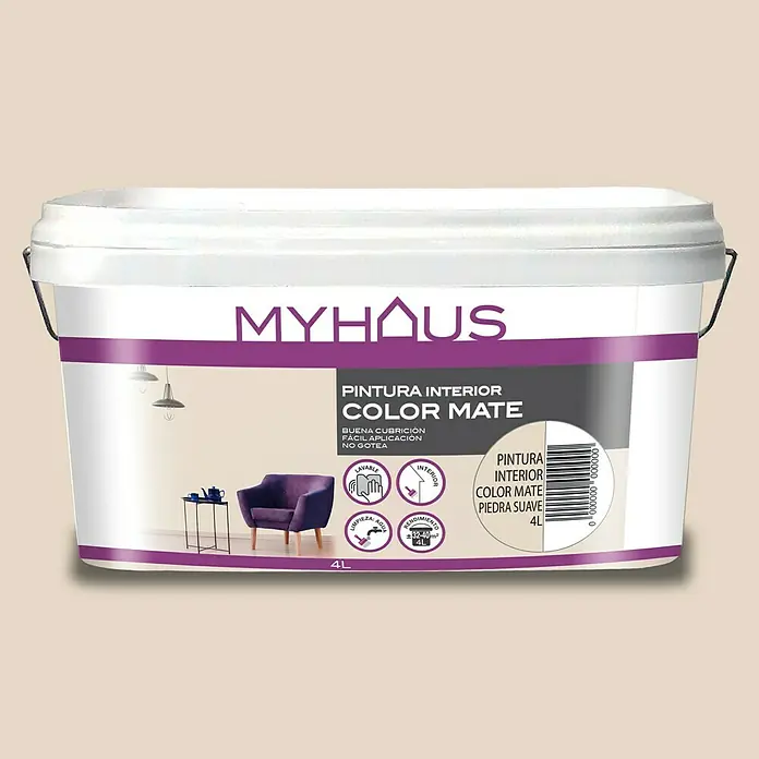 Pintura para paredes Myhaus - Piedra suave, Mate, 4 l, Resalta la estructura - Un bote de 4L de pintura interior Myhous Color Mate en color "Piedra Suave", con buena cubrición y fácil aplicación para interiores.