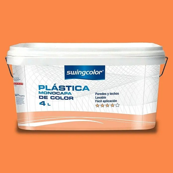 swingcolor Pintura para paredes - Naranja Intenso, Mate, 4 l - Imagen de un cubo de pintura de interior Swingcolor Plástica Monocapa de Color 4L para paredes y techos, lavable y fácil de aplicar.