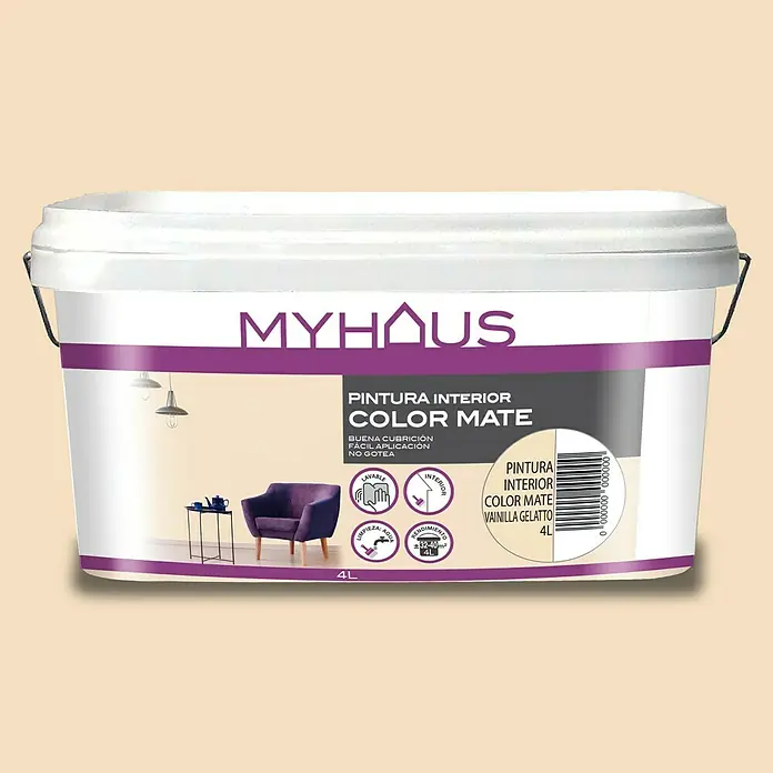 Pintura para paredes Myhaus - Gelatto, Mate, 4 l, Resalta la estructura - Un cubo de pintura de interior MyHous Color Mate en vainilla gelatto. Para un diseño de interiores bonito y opaco.