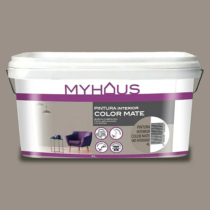 Pintura para paredes Myhaus - Gris Intensidad, Mate, 4 l, Resalta la estructura - Una lata de "My Haus" Pintura Interior Color Mate, una pintura interior mate en gris, ideal para el diseño de interiores.