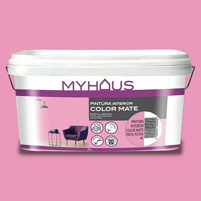 Pintura para paredes Myhaus - Fresa Ácida, Mate, 4 l, Resalta la estructura - Bote de pintura interior MYHAUS Color Mate rojo fresa, 4L. Ideal para una buena cobertura y fácil aplicación en interiores.