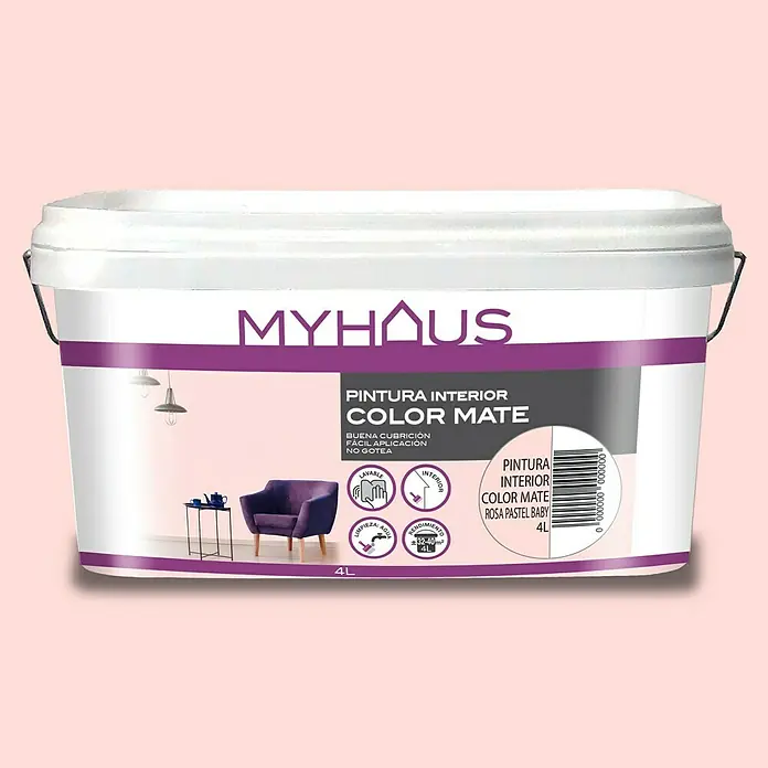 Pintura para paredes Myhaus - Rosa Pastel Baby, Mate, 4 l, Resalta la estructura - Bote de pintura interior MyHous Color Mate en Rosa Pastel Bebé, 4L. Proporciona buena cobertura y fácil aplicación en interiores.