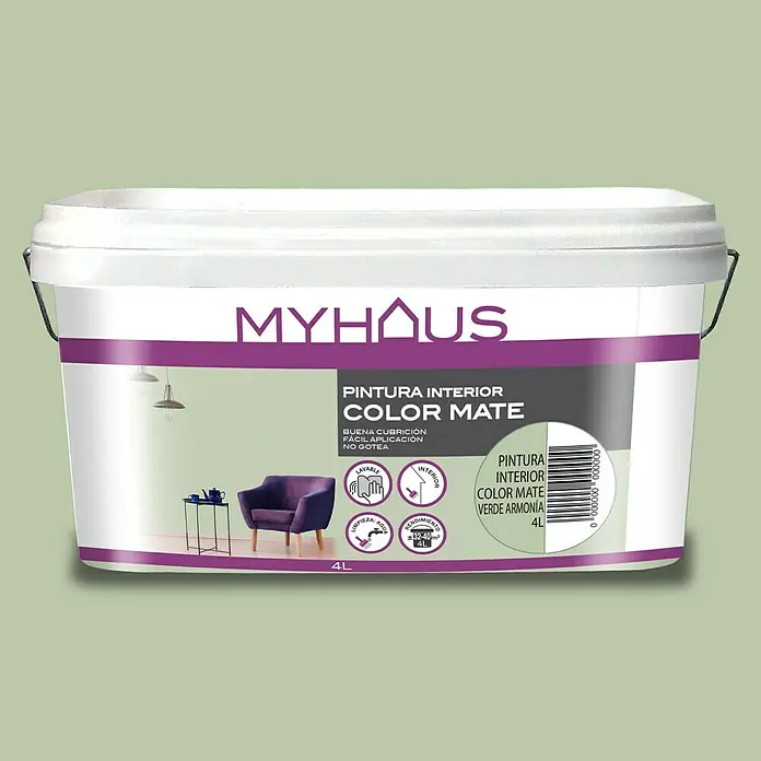 Pintura para paredes Myhaus - Verde Armonía, Mate, 4 l, Resalta la estructura - Un cubo de pintura blanco "My Haus" etiquetado "Color Mate" en verde, apto para interiores, con una capacidad de 4 litros.
