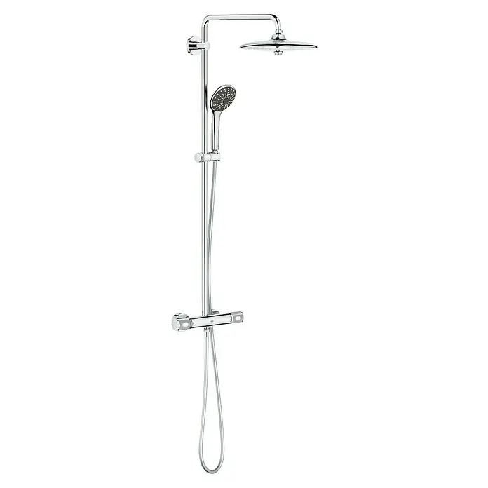 Grohe Vitalio Joy Duschsystem 260 - Mit Thermostatarmatur, Lochabstand: 100,5 cm, Anzahl Strahlarten: 3 Stk., Chrom - Eine Chrom-Duschgarnitur mit Kopf- und Handbrause. Das Duschsystem beinhaltet auch einen Thermostat für eine bequeme Temperaturregelung.