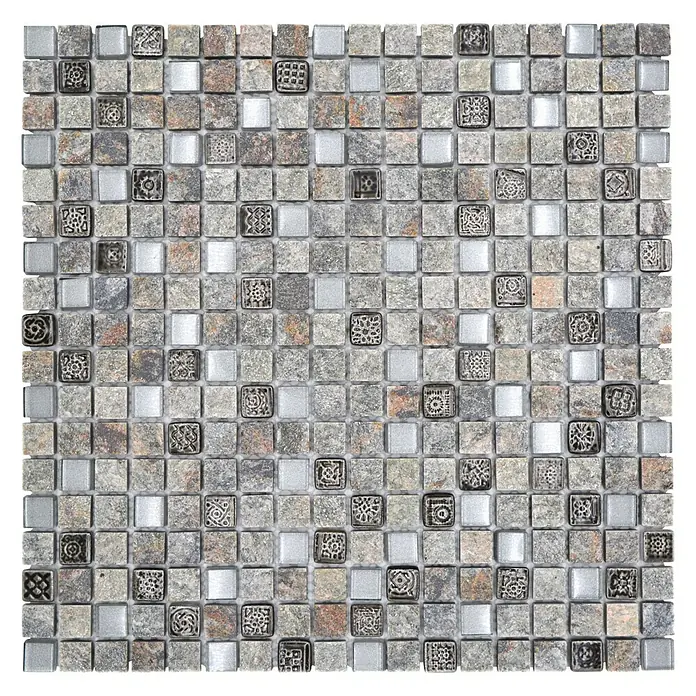 Mosaikfliese Quadrat Crystal Mix XCM M710 - 30 x 30 cm, Grau, Matt - Quadratisches Mosaikmuster mit Stein-, Muster- und Glasakzenten für ein stilvolles und vielseitiges Design.
