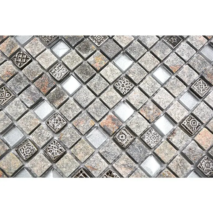 Mosaikfliese Quadrat Crystal Mix XCM M710 - 30 x 30 cm, Grau, Matt - Mosaikfliesen mit Stein- und Glasoptik, quadratisch angeordnet, bieten eine stilvolle und vielseitige Option für Wand- und Bodenbeläge.