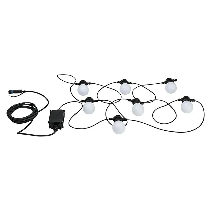 Paulmann Plug & Shine LED-Lichterkette - Außen, Lichtfarbe: Warmweiß, Anzahl Leuchtmittel: 7 Stk. - Eine Lichterkette mit sieben runden Glühbirnen, verbunden durch ein schwarzes Kabel, inklusive Stecker und Anschlussbox. Ideal für stimmungsvolle Beleuchtung.