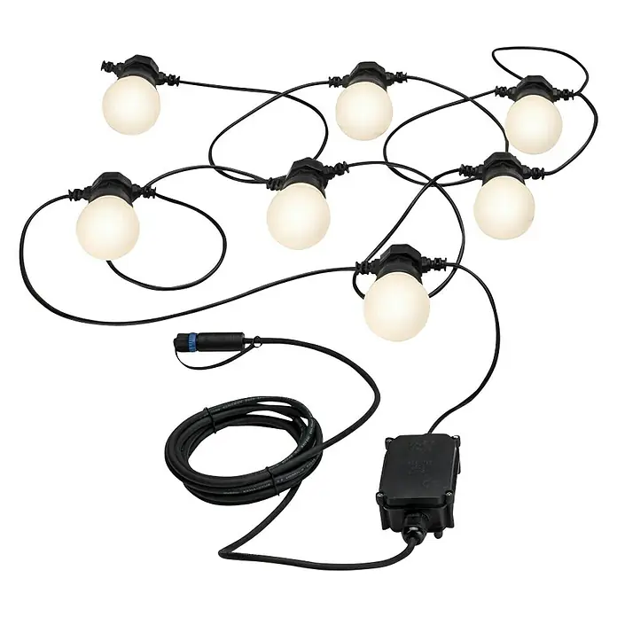 Paulmann Plug & Shine LED-Lichterkette - Außen, Lichtfarbe: Warmweiß, Anzahl Leuchtmittel: 7 Stk. - Eine Lichterkette mit sieben runden Glühbirnen und einem schwarzen Kabel, das zu einem schwarzen Kasten führt.