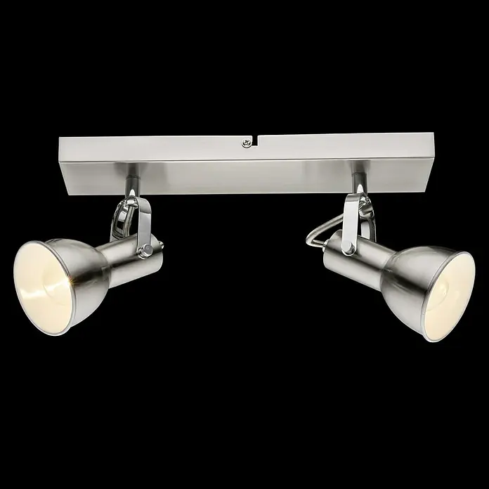 Globo Deckenstrahler Fargo - 80 W, L x B x H: 32 x 14 x 12,5 cm, Nickel matt, E14 - Deckenleuchte mit zwei Strahlern aus gebürstetem Stahl auf schwarzem Hintergrund.