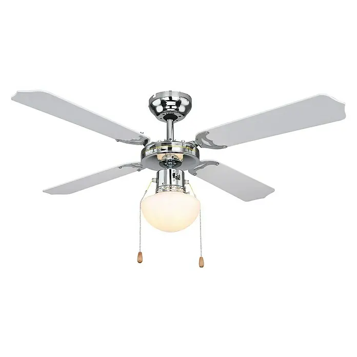 Ventilador de techo Champion - Negro, 106,6 cm, 50 W - Elegante ventilador de techo con acabado cromado, cuatro aspas blancas y luz integrada con cadenas para el control.