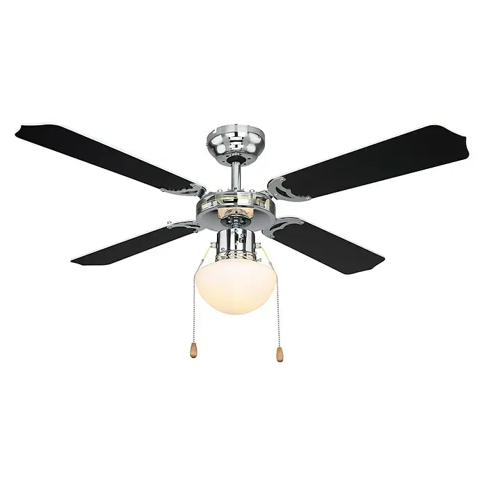 Ventilador de techo Champion - Negro, 106,6 cm, 50 W - Elegante ventilador de techo con lámpara y cordones para la luz sobre un fondo negro.