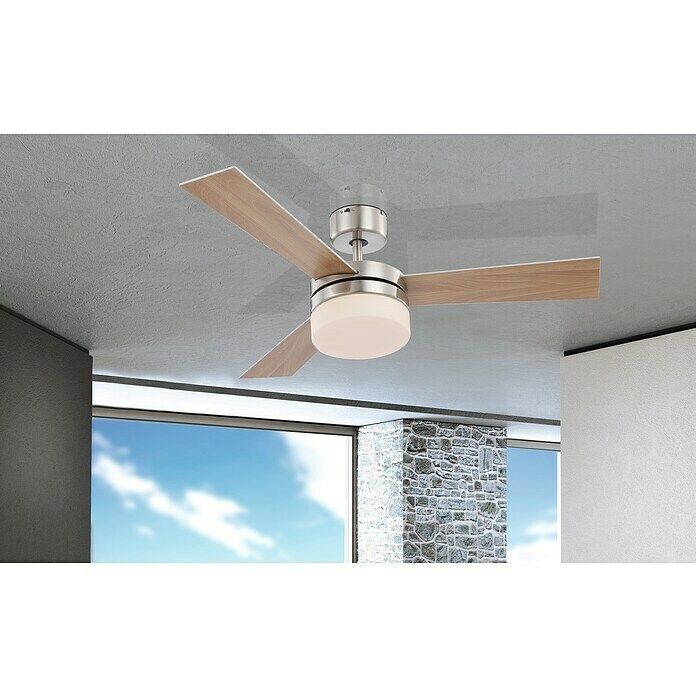 Globo Deckenventilator AlanaØ x H: 105 x 30,5 cm, Nickel matt, Silber/Buche, 50 W Mood Shot