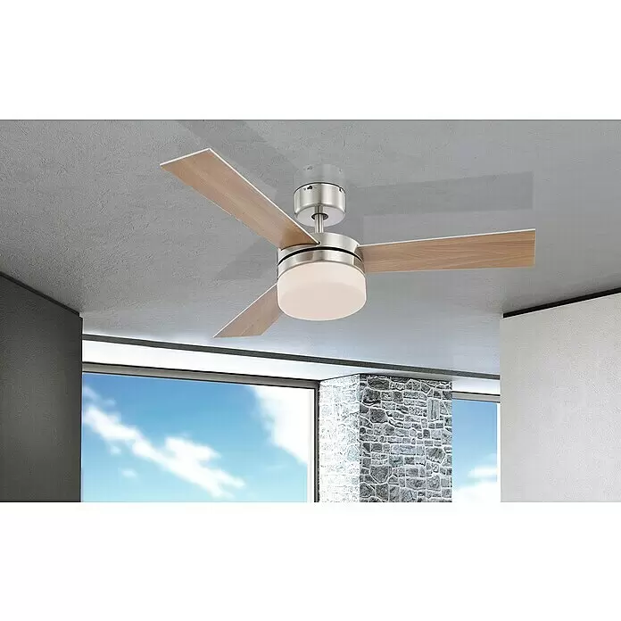 Globo Ventilador de techo Alana - Opal, Níquel mate, Plateado, Haya, Plateado/Haya, 105 cm, 50 W - Ventilador de techo moderno con luz, con aspas de madera clara y acabado de níquel cepillado.