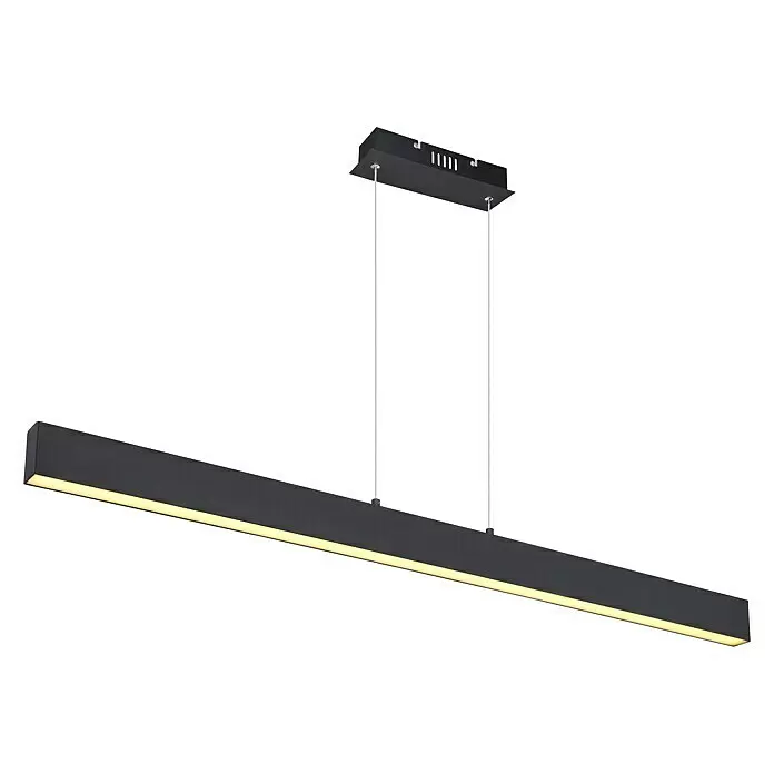 Globo Lámpara colgante LED Verena - L x An x Al: 121 x 8 x 120 cm - Lámpara colgante LED lineal negra, suspendida por cables, emite luz blanca cálida.