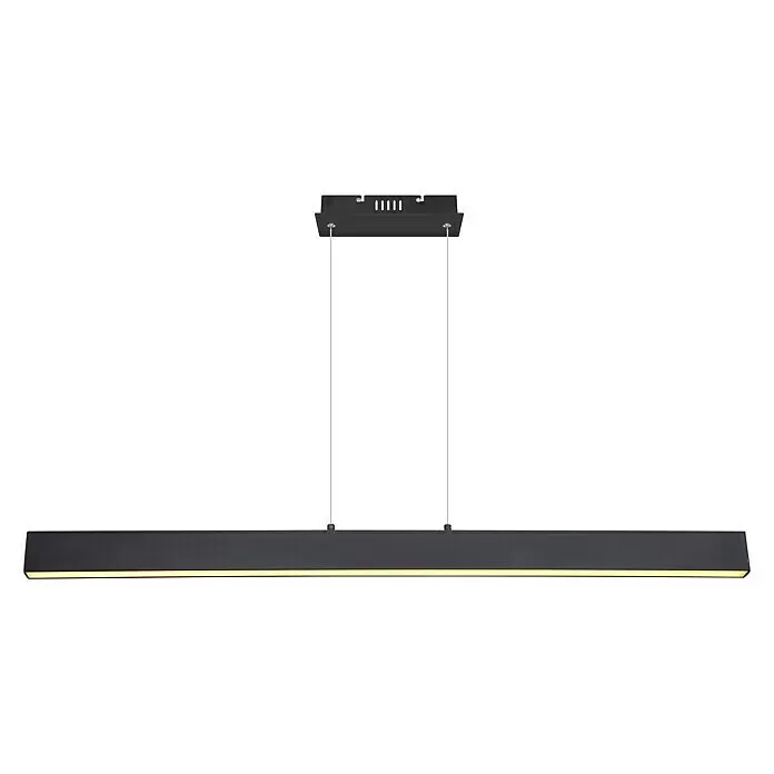 Globo Lámpara colgante LED Verena - L x An x Al: 121 x 8 x 120 cm - Elegante lámpara colgante lineal negra con tira LED amarilla cálida, suspendida de un soporte de techo rectangular por dos cables finos.