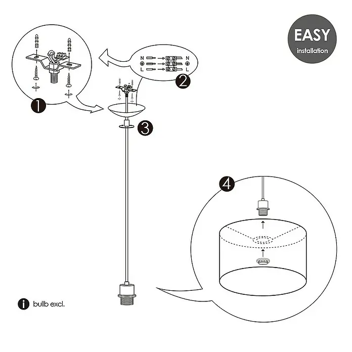 Home Sweet Home Pendelleuchte rund Basic XL - Höhe: 250 cm - Anleitung zur Installation einer Pendelleuchte mit den Schritten zur Befestigung, Verkabelung und Anbringung des Lampenschirms.