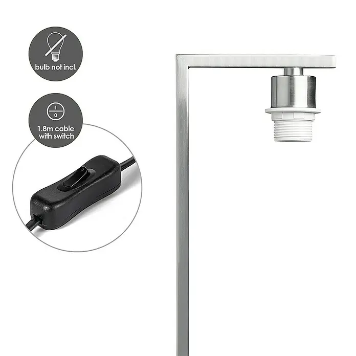 Home Sweet Home Lampenfuß Block - 40 W, Höhe: 44 cm, Stahl matt, Stahl, E27 - Nahaufnahme einer modernen Stehlampe mit Lampenfassung, Schalter am Kabel und Hinweis, dass keine Glühbirne enthalten ist.