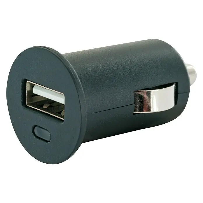 Schwaiger USB-Ladeadapter - USB-A-Kupplung, Zigarettenanzünder-Stecker (SAE J563), Schwarz - Nahaufnahme eines KFZ-USB-Ladegeräts in Schwarz, ideal zum Aufladen von Geräten unterwegs.