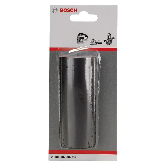 Bosch Adapter - Passend für: Bosch Professional Stichsägen GST 60 P/GST 60 PAE/GST 60 PBAE - Bosch Zubehör: Ein schwarzes zylinderförmiges Produkt in einer transparenten Verpackung mit roter Akzentlinie und Herstellerlogo.
