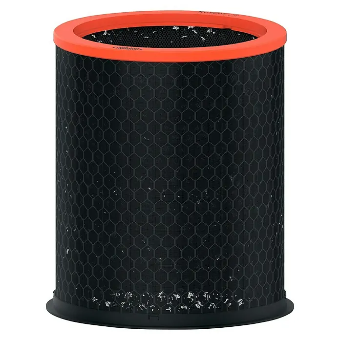 Leitz TruSens Aktivkohlefilter Haustier - Passend für: TruSens Luftreiniger Z-3000/Z-3500, Höhe: 21,6 cm - Nahaufnahme eines zylindrischen Luftreinigungsfilters mit orangefarbenem Rand und schwarzem Wabengitter.
