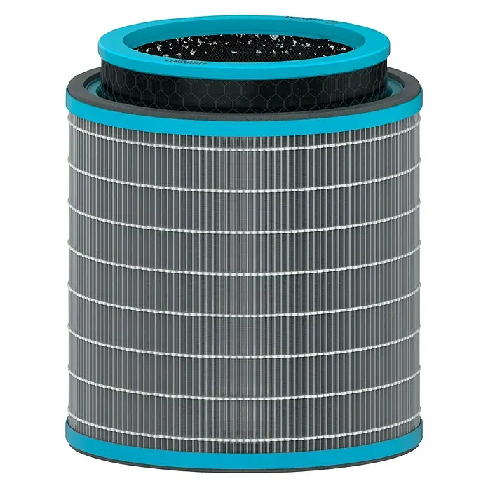 Leitz TruSens HEPA-Filter Allergie - Passend für: TruSens Luftreiniger Z-3000/Z-3500 - Abbildung eines zylindrischen Luftfilters mit einem blauen Rahmen und einem schwarzen Aktivkohlefilter oben, der für die Luftreinigung verwendet wird.