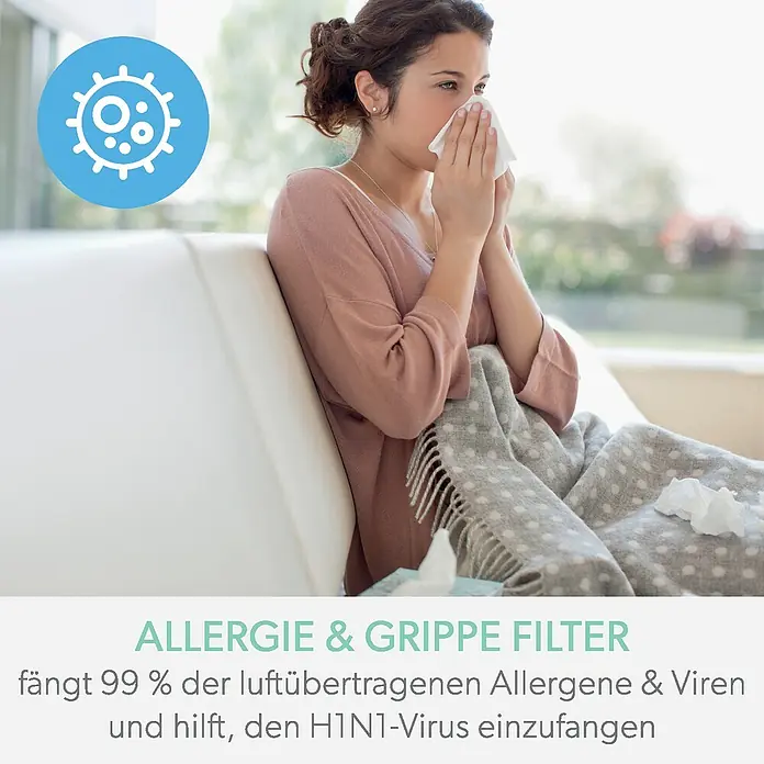 Leitz TruSens Aktivkohlefilter AllergiePassend für: TruSens Luftreiniger Z-2000/Z-2500, Höhe: 14,2 cm - Frau mit Erkältung. Allergie- und Grippefilter fängt 99% der luftübertragenen Allergene und Viren und hilft, den H1N1-Virus einzufangen.