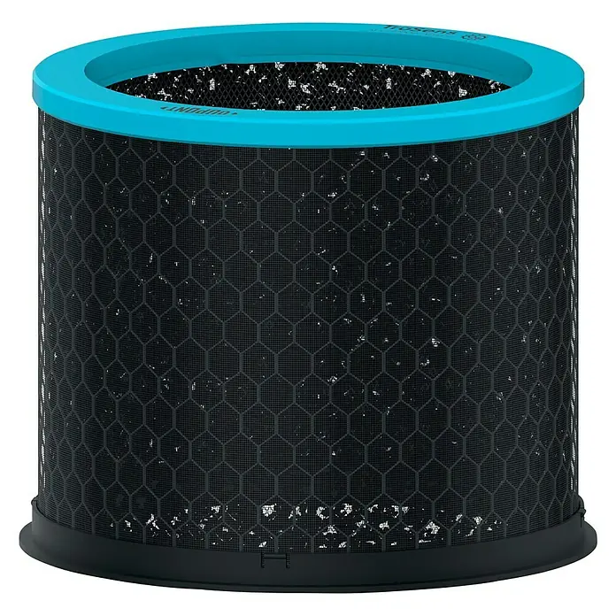 Leitz TruSens Aktivkohlefilter AllergiePassend für: TruSens Luftreiniger Z-2000/Z-2500, Höhe: 14,2 cm - Abbildung eines zylindrischen TruSens Luftfilter mit blauer Umrandung und sechseckigem Netzmuster.