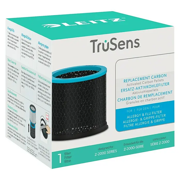 Leitz TruSens Aktivkohlefilter AllergiePassend für: TruSens Luftreiniger Z-2000/Z-2500, Höhe: 14,2 cm - Produktverpackung mit einem Trusens Z-2000-Serie Ersatz-Aktivkohlefilter, der Allergien und Grippe lindert.
