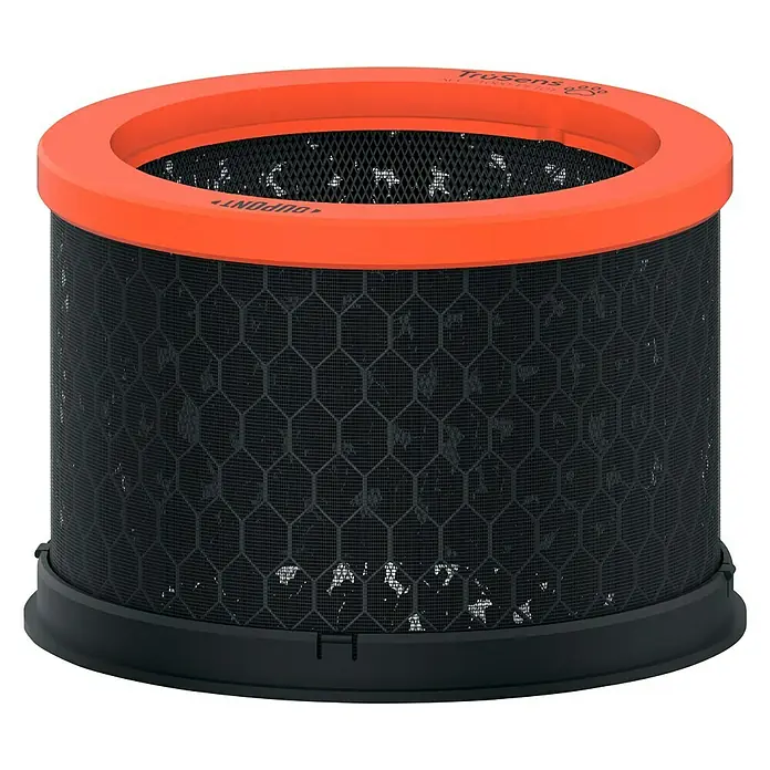 Leitz TruSens Aktivkohlefilter Haustier - Passend für: TruSens Luftreiniger Z-1000, Höhe: 8,6 cm - Ein zylindrischer Trusens Luftfilter mit orangem Rahmen und schwarzem Netzmuster. Der Filter ist für die Luftreinigung konzipiert.
