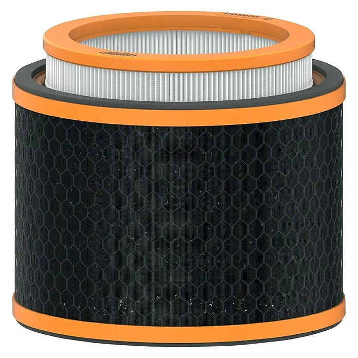 Leitz TruSens HEPA-Filter Gerüche & VOC - Passend für: TruSens Luftreiniger Z-2000/Z-2500 - Abbildung eines zylindrischen Luftreinigungsfilters mit orangefarbenen Akzenten und einem wabenförmigen Kohlenstoffvorfilter.