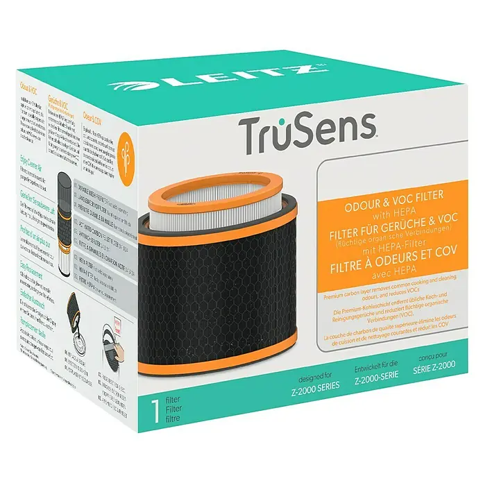 Leitz TruSens HEPA-Filter Gerüche & VOC - Passend für: TruSens Luftreiniger Z-2000/Z-2500 - Verpackung des TruSens Z-2000 Luftreinigers Odour & VOC Filter mit HEPA, der Koch- und Reinigungsgerüche entfernt und VOC reduziert.
