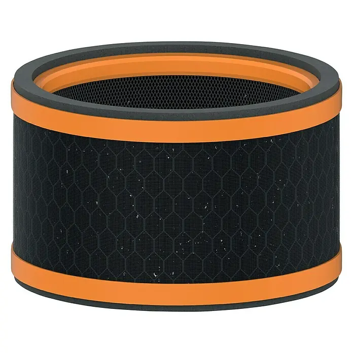 Leitz TruSens Aktivkohlefilter Gerüche & VOC - Passend für: TruSens Luftreiniger Z-1000, Höhe: 9,2 cm - Das Bild zeigt einen runden Luftfilter mit orangefarbenen Akzenten und einem schwarzen Netzstruktur-Filterelement. Er filtert effizient Partikel.