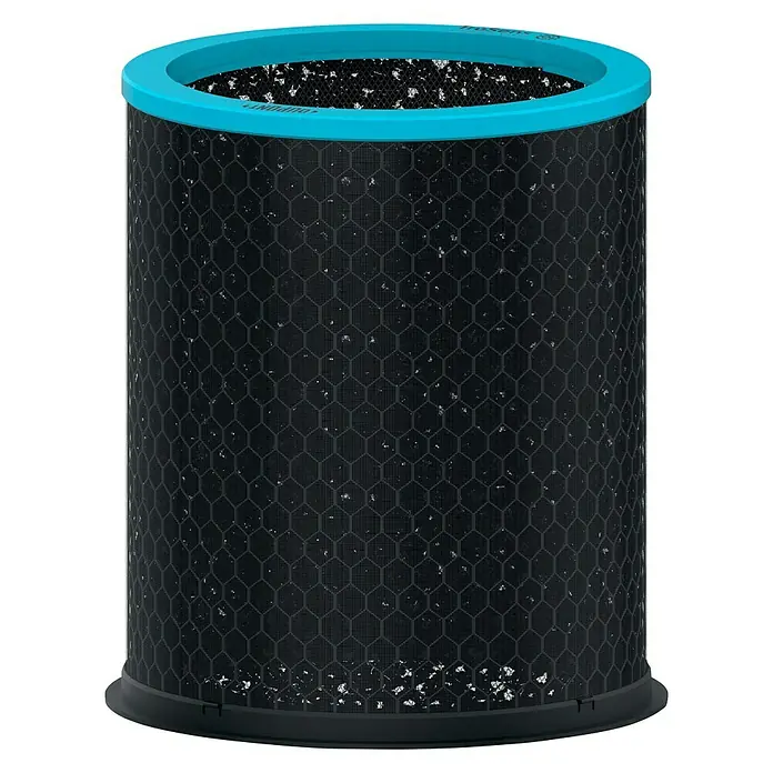 Leitz TruSens Aktivkohlefilter Allergie - Passend für: TruSens Luftreiniger Z-3000/Z-3500, Höhe: 21,6 cm - Abbildung eines Luftreinigungsfilters mit blauem Rand. Der Filter ist zylindrisch und hat eine schwarze, netzartige Oberfläche, die Partikel einfängt.