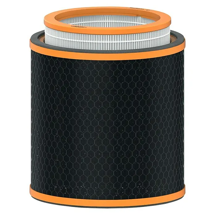 Leitz TruSens HEPA-Filter Gerüche & VOC - Passend für: TruSens Luftreiniger Z-3000/Z-3500 - Ein zylindrischer Luftfilter mit orangefarbenen Rändern und einem schwarzen, wabenförmigen Kohlefilter. Ideal für saubere Luft im Haus.