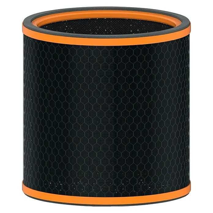 Leitz TruSens Aktivkohlefilter Gerüche & VOC - Passend für: TruSens Luftreiniger Z-3000/Z-3500, Höhe: 22,2 cm - Ein zylindrischer Luftfilter mit orangefarbenen Rändern und einem wabenförmigen schwarzen Filterelement auf schwarzem Hintergrund.