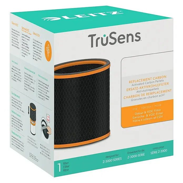 Leitz TruSens Aktivkohlefilter Gerüche & VOC - Passend für: TruSens Luftreiniger Z-3000/Z-3500, Höhe: 22,2 cm - Produktverpackung eines TruSens Z-3000 Ersatz-Aktivkohlefilters zur Reduzierung von Gerüchen und VOCs.