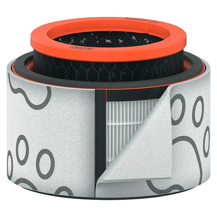 Leitz TruSens HEPA-Filter Haustier - Passend für: TruSens Luftreiniger Z-1000 - Detailaufnahme eines runden Luftfilters mit verschiedenen Filterschichten und einem orangefarbenen Rahmen.