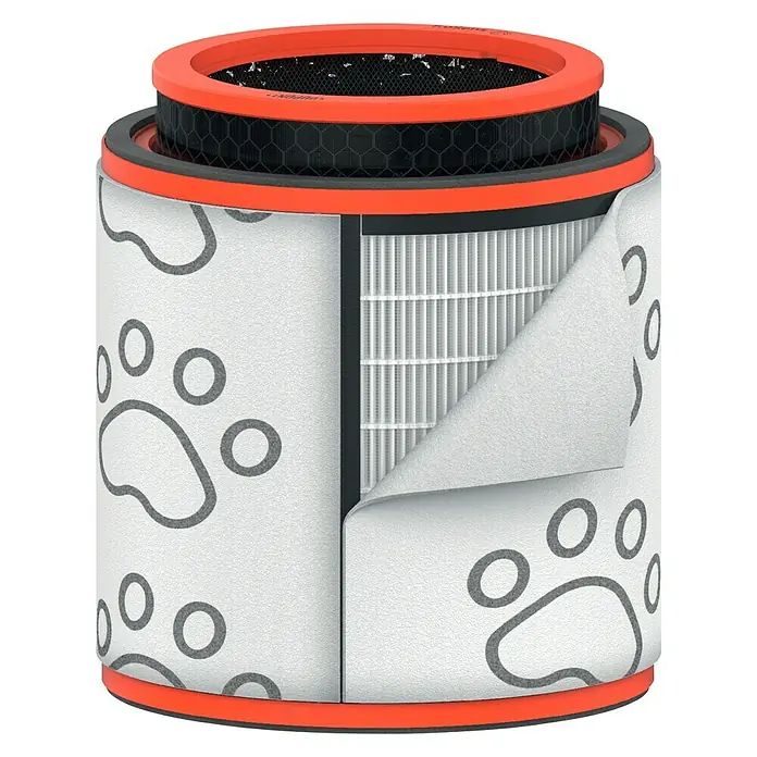 Leitz TruSens HEPA-Filter Haustier - Passend für: TruSens Luftreiniger Z-3000/Z-3500 - Ein zylindrischer Luftreinigerfilter mit einem weißen Überzug mit Pfotenabdruckmuster, der die internen Filterelemente freilegt.