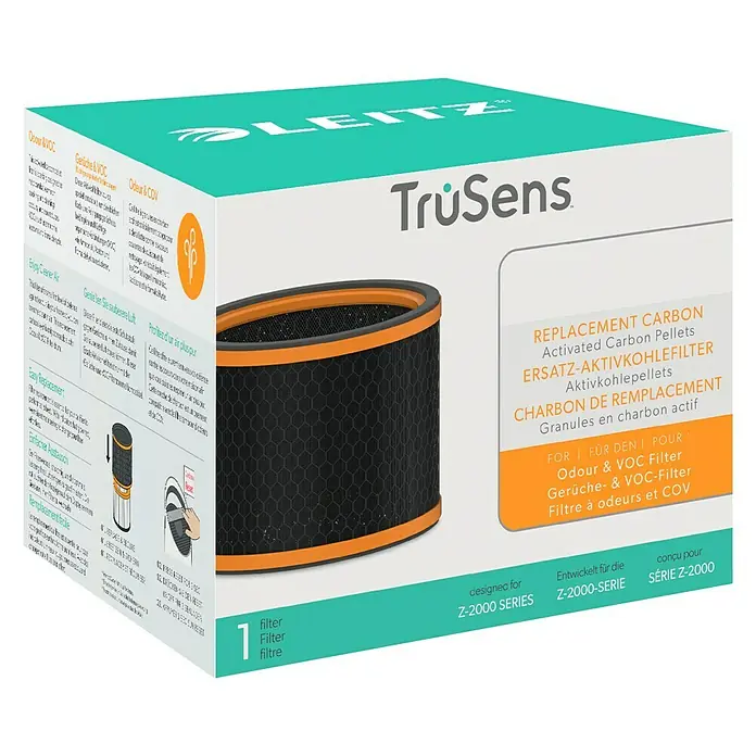 Leitz TruSens Aktivkohlefilter Gerüche & VOC - Passend für: TruSens Luftreiniger Z-2000/Z-2500, Höhe: 14,8 cm - Produktverpackung für Leitz TruSens Z-2000 Ersatz-Aktivkohlefilter zur Geruchs- und VOC-Filterung für saubere Luft.