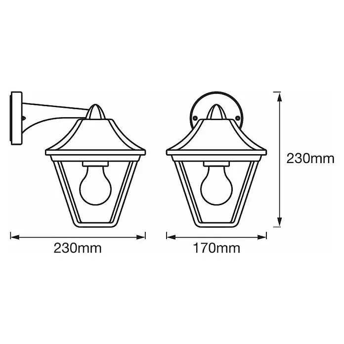 Osram Endura Classic Außenwandleuchte Tradition - Hängend, 23 x 17 x 23 cm, Schwarz, IP44 - Abbildung einer Außenleuchte in zwei Ausführungen: Wandmontage und direkter Anschluss. Die Leuchte ist 230 mm hoch und 170/230 mm breit.