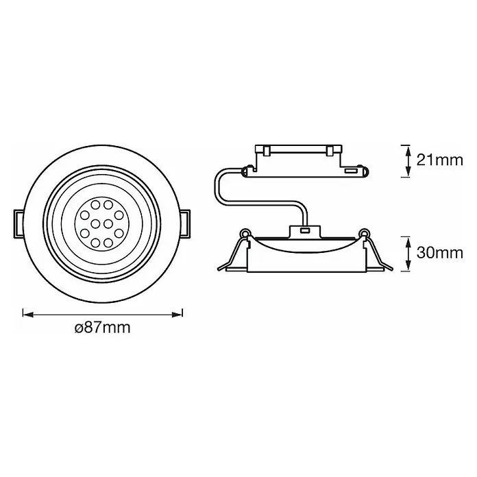 Ledvance LED-Einbauleuchten-Set Simple Dim - 4,9 W, Weiß, 3 Stk., Warmweiß - Schemazeichnung einer runden LED-Einbauleuchte mit den Abmessungen Durchmesser 87 mm, Höhe 30 mm und 21 mm für das Vorschaltgerät.