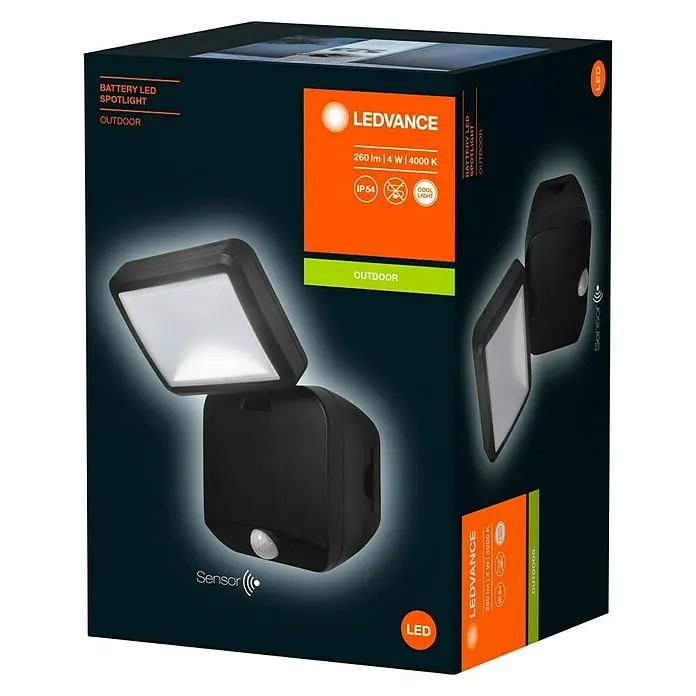 Ledvance LED-Sensor-Außenwandstrahler Single4 W, Schwarz, Bewegungsmelder - Eine LEDVANCE-Verpackung für einen Batterie-LED-Strahler für den Außenbereich, der Sensor- und Beleuchtungsfunktionen kombiniert.