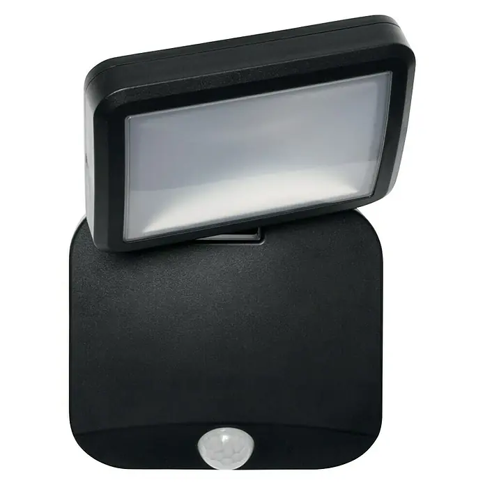 Ledvance LED-Sensor-Außenwandstrahler Single4 W, Schwarz, Bewegungsmelder - Bild einer schwarzen, rechteckigen LED-Sicherheitsleuchte mit Bewegungssensor, die auf einem schwarzen Hintergrund steht.