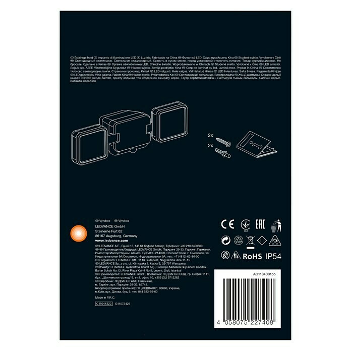 Ledvance Sensor-LED-Außenwandstrahler Double10 W, Weiß, Bewegungsmelder, 2-flammig Back View